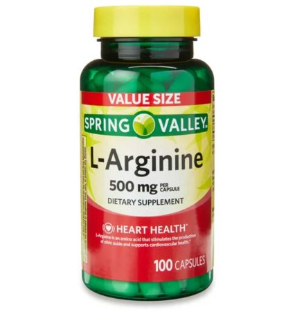 Spring Valley L-Arginine Amino Acid Heart Health Supplement Cápsulas, 500 mg, tamaño pequeño, 100 unidades