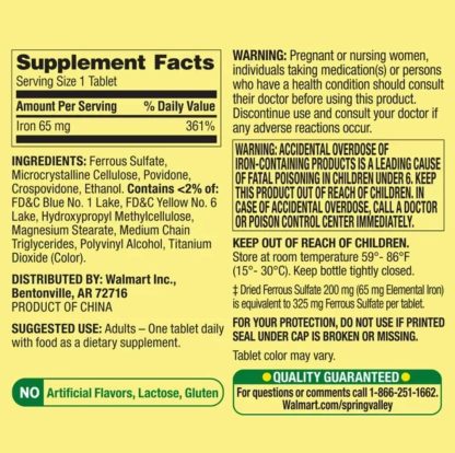 Spring Valley Hierro Bienestar General Suplemento Dietético, 65 mg, 100 Tabletas